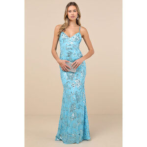 Lulus Glittering Excellence Aqua Blue Sequin Lace-up Maxi Dress - Size M